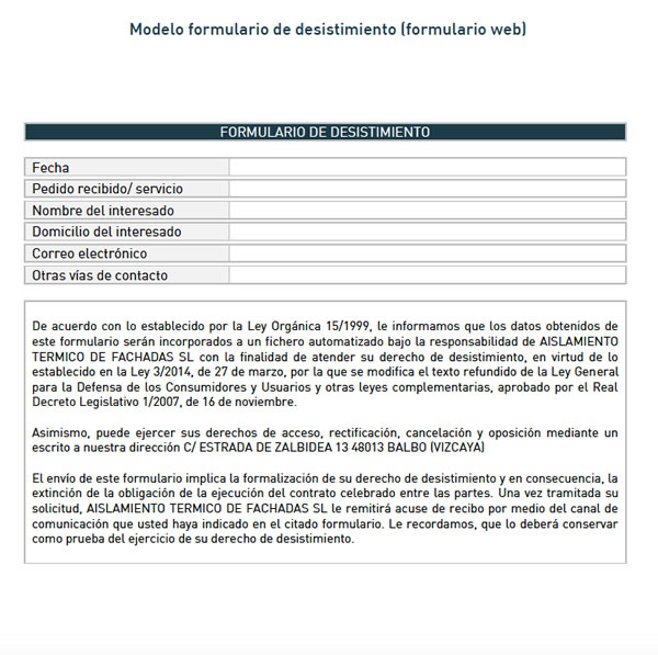 Formulario de desestimiento